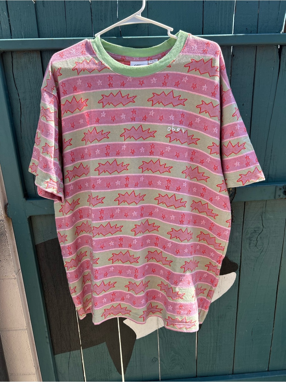 Obey Y2K Graphic Tee in Pink & Green - Casual Short Sleeve Top XL